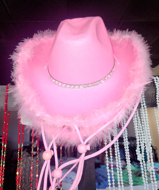 Hat - Super Fun Pink Cowboy Style Hat With Pink Feathers On Brim