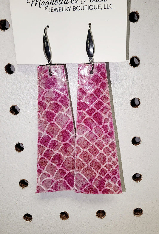 Earrings - Pink Snake Genuine Leather Earrings with Stainless Steel Findings & Ear Wires