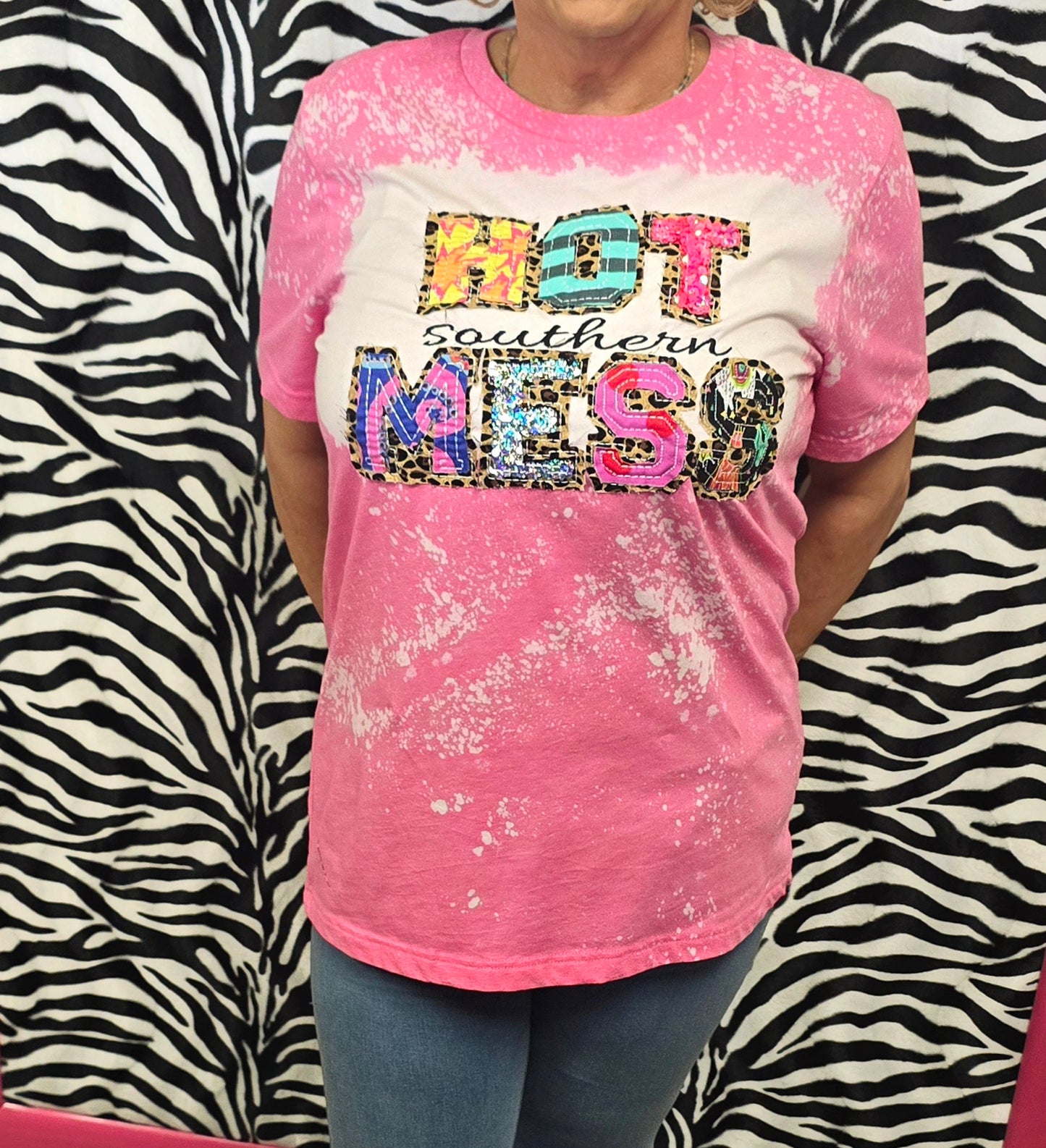 T-Shirt - Hot Pink Bleached "Hot Southern Mess" Short Sleeve T-Shirt - Sizes Small - 3X