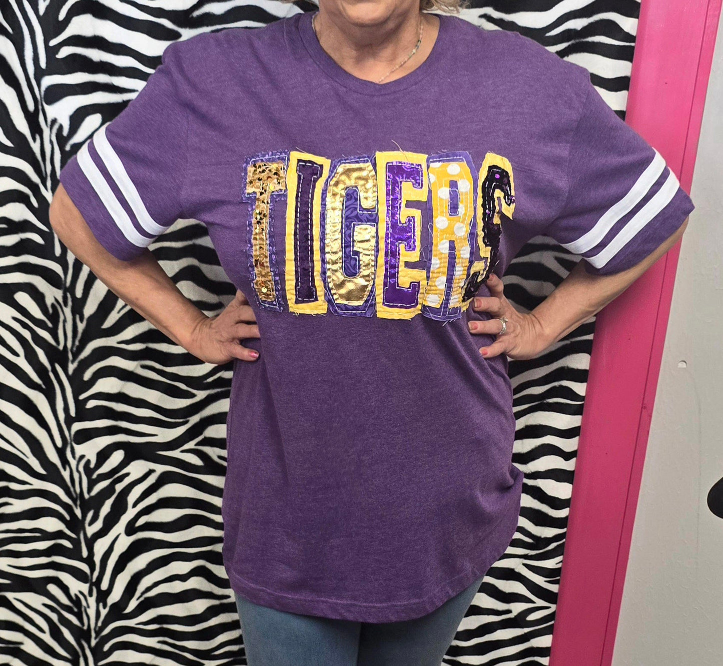 T-Shirts - "TIGERS" Unique Sequin Double Stacked Letters on Purple Heathered Football Styled T-Shirt - Small - 3X