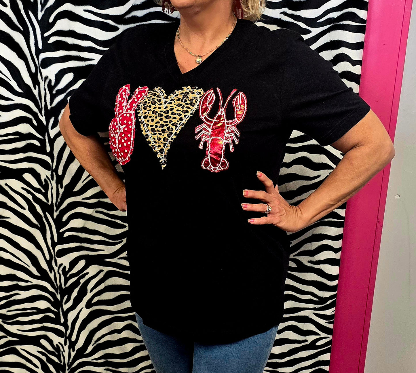 T-Shirt - Peace, Love, Crawfish Symbols in Satin and Various Fabrics on a Black Short Sleeve V-Neck Tee, Sizes Small-3X