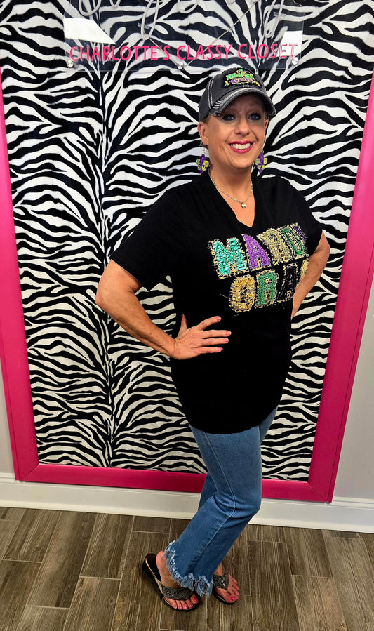 T-Shirt - Mardi Gras Double Stacked Sequin Lettering V-Neck Short Sleeve T-Shirt, Black, Small - 3X