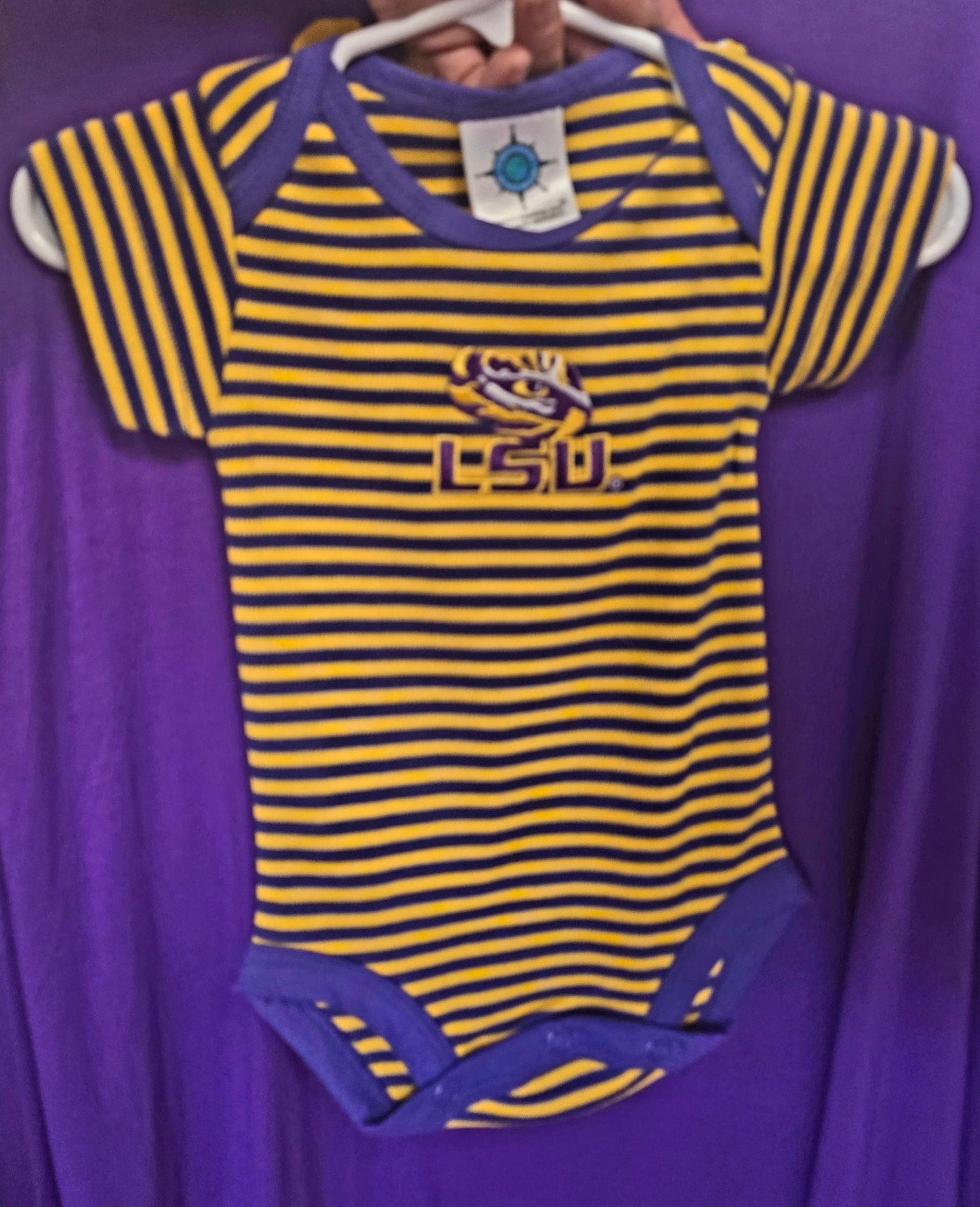 LSU Infant NEW ARRIVAL - Colloseum LSU Infant Embrodery LSU Logo Yellow & Purple Striped Onsie - Newborn