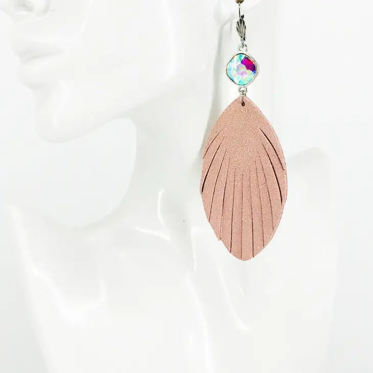 Earrings - AB Crystal With Mauve Pink Faux Suede Leather Earrings With Stainless Steel Lever Backs