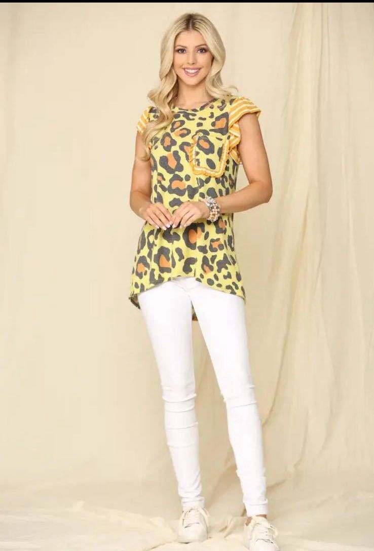 Top - Unique Animal Print Ruffle Style Short Sleeve in Yellow - Small- XL