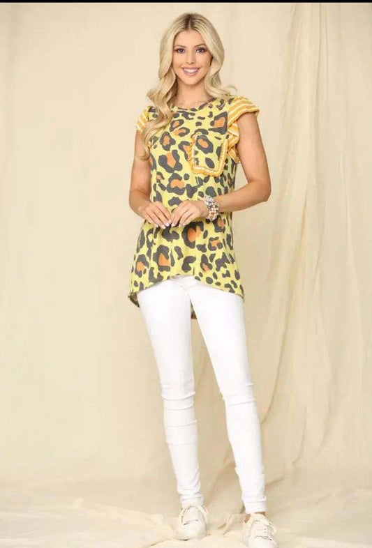 Top - Unique Animal Print Ruffle Style Short Sleeve in Yellow - Small- XL