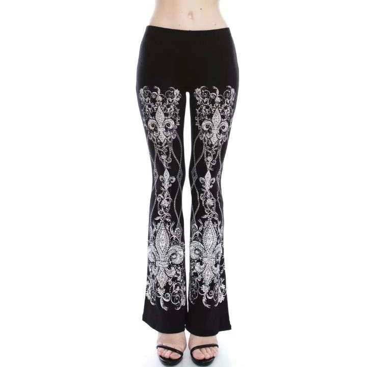 Pants - Black Knit Flare Pants with Elastic Waist with Gorgeous Rhinestones in a Fleur De Lis Pattern - Sizes Small to XL