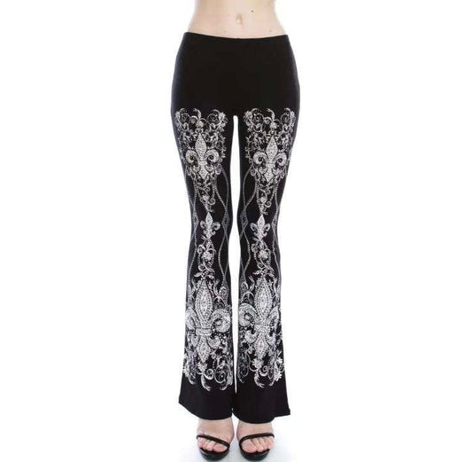 Pants - Black Knit Flare Pants with Elastic Waist with Gorgeous Rhinestones in a Fleur De Lis Pattern - Sizes Small to XL