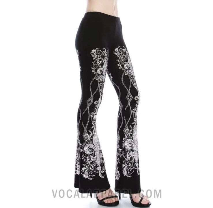 Pants - Black Knit Flare Pants with Elastic Waist with Gorgeous Rhinestones in a Fleur De Lis Pattern - Sizes Small to XL