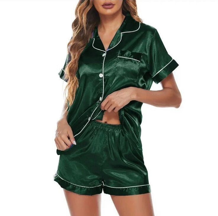 Pajamas - Silky Fabric 2-Piece Set Button-Down Short Sleeve Shirt & Shorts Set Sizes, Small to 2X, Black/Purple/Wine Red/Emerald Green/Blue