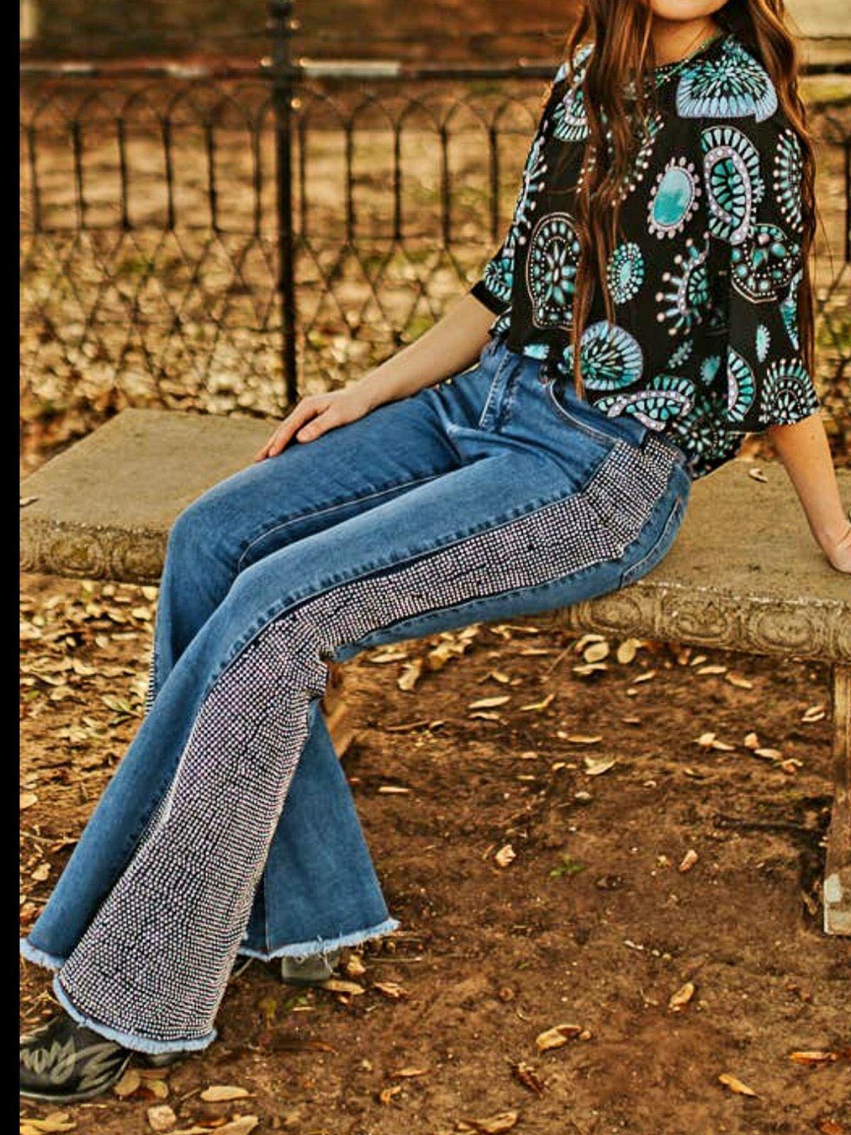 Jeans - Rhinestone Studded on Sides Super Stretchy Flare Jeans - Sizes 4-14