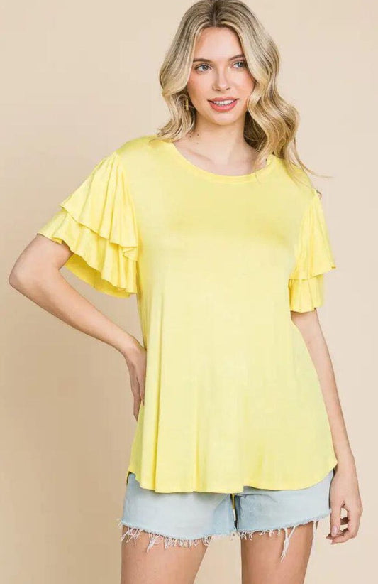 Top - Soft Yellow Round Neck Semi Loose Ruffle Sleeve Top Super Soft - Sizes Small to XL