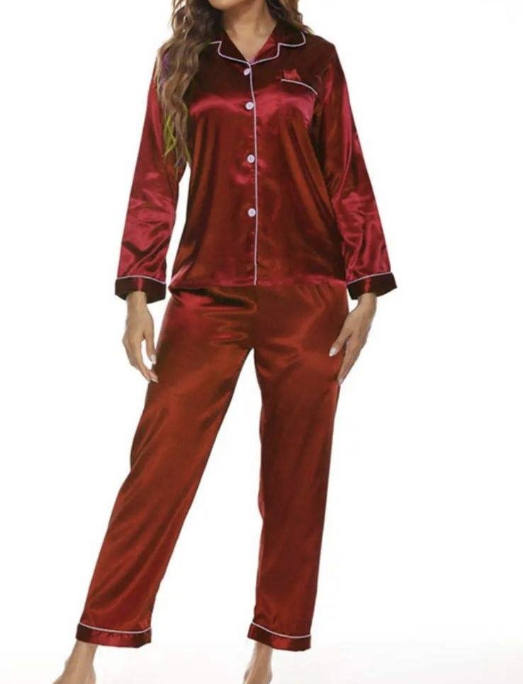 Pajamas - Silky Long Sleeve 2 Piece Pajama Button Up Top with Matching Silky Pants in Wine Red or Black, Sizes Small - 2X