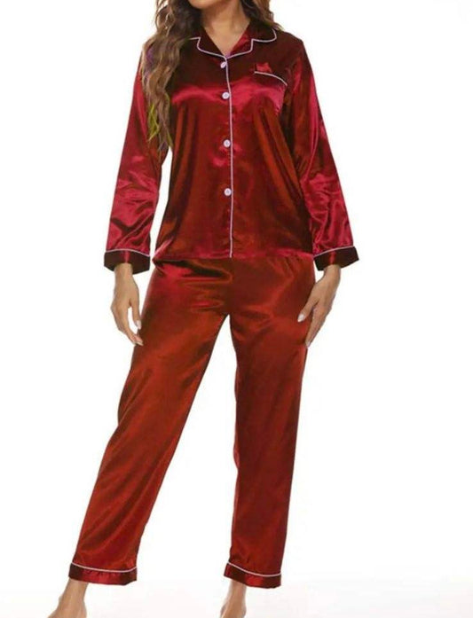 Pajamas - Silky Long Sleeve 2 Piece Pajama Button Up Top with Matching Silky Pants in Wine Red or Black, Sizes Small - 2X