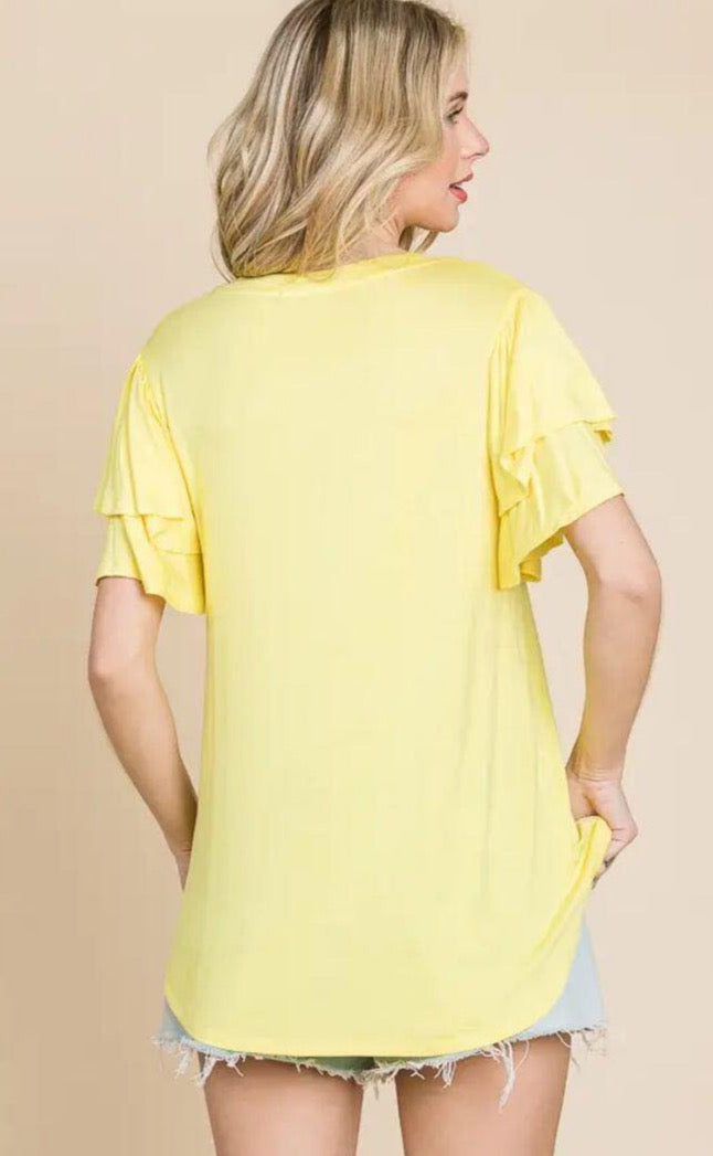 Top - Soft Yellow Round Neck Semi Loose Ruffle Sleeve Top Super Soft - Sizes Small to XL