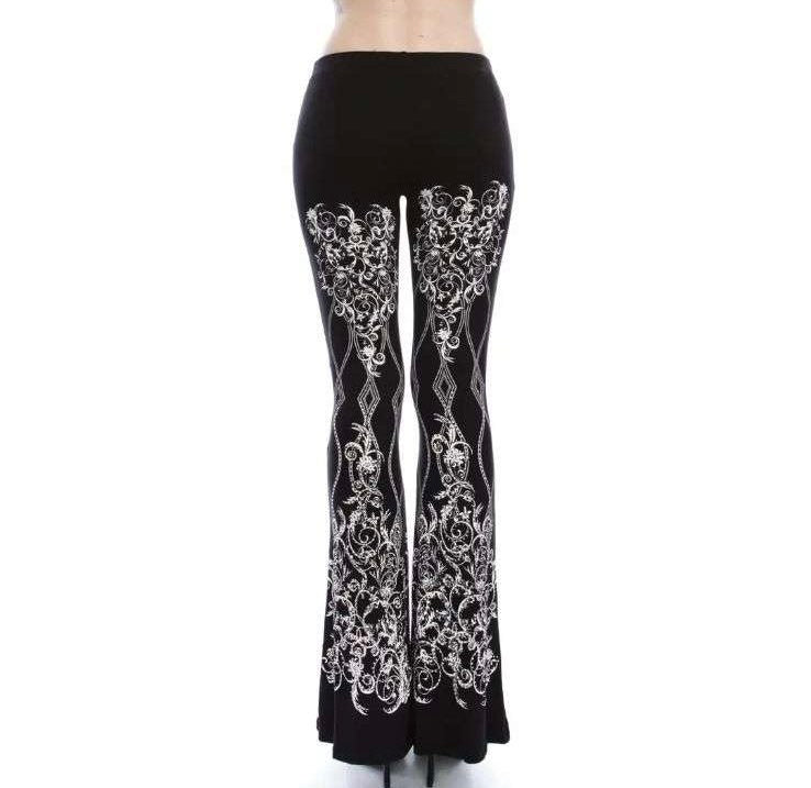 Pants - Black Knit Flare Pants with Elastic Waist with Gorgeous Rhinestones in a Fleur De Lis Pattern - Sizes Small to XL