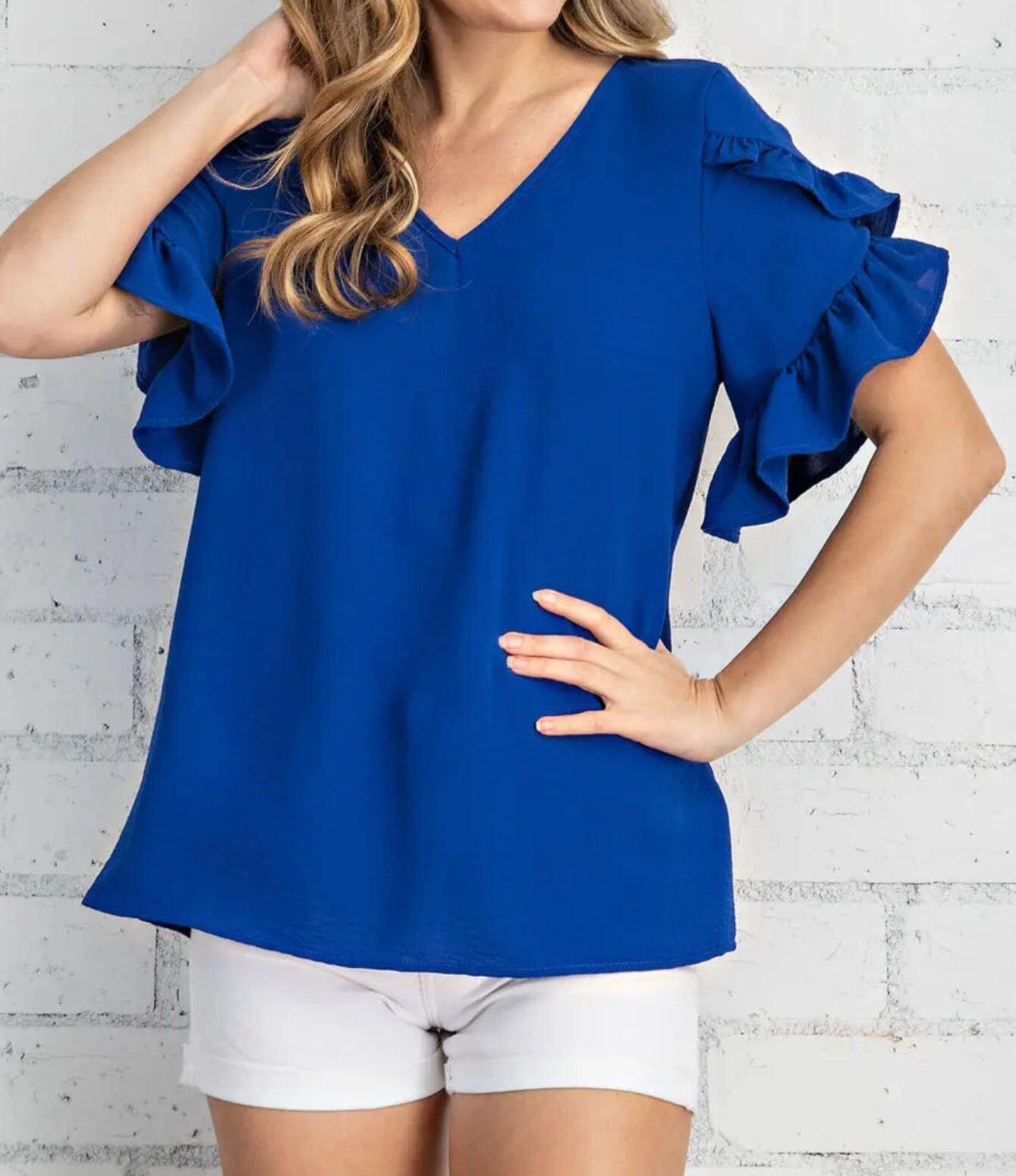 Top - Beautiful V-Neck Air Flow with a Beautiful Ruffled Tulip Sleeve V-Neck. Colors Royal Blue, Vibrant Purple, Neon Orange, Light Blue - Sizes Small to XL