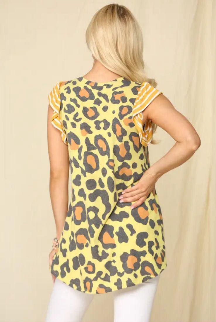 Top - Unique Animal Print Ruffle Style Short Sleeve in Yellow - Small- XL