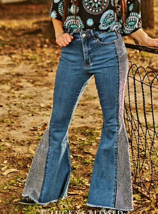 Jeans - Rhinestone Studded on Sides Super Stretchy Flare Jeans - Sizes 4-14