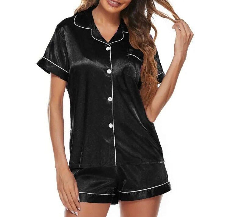 Pajamas - Silky Fabric 2-Piece Set Button-Down Short Sleeve Shirt & Shorts Set Sizes, Small to 2X, Black/Purple/Wine Red/Emerald Green/Blue