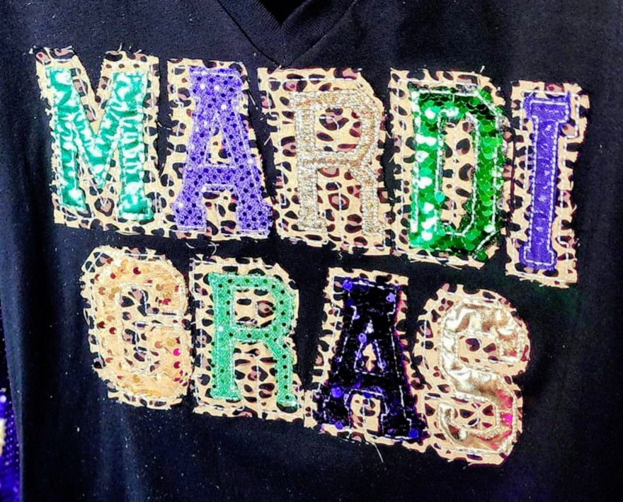 T-Shirt - Mardi Gras Double Stacked Sequin Lettering V-Neck Short Sleeve T-Shirt, Black, Small - 3X