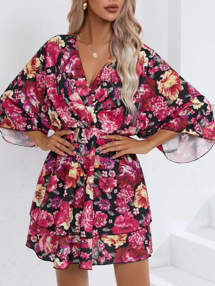 Dresses - Multi Color Floral Gorgeous High Waisted Three-quarter Bell Sleeve V-neck, Sizes Small - 2X