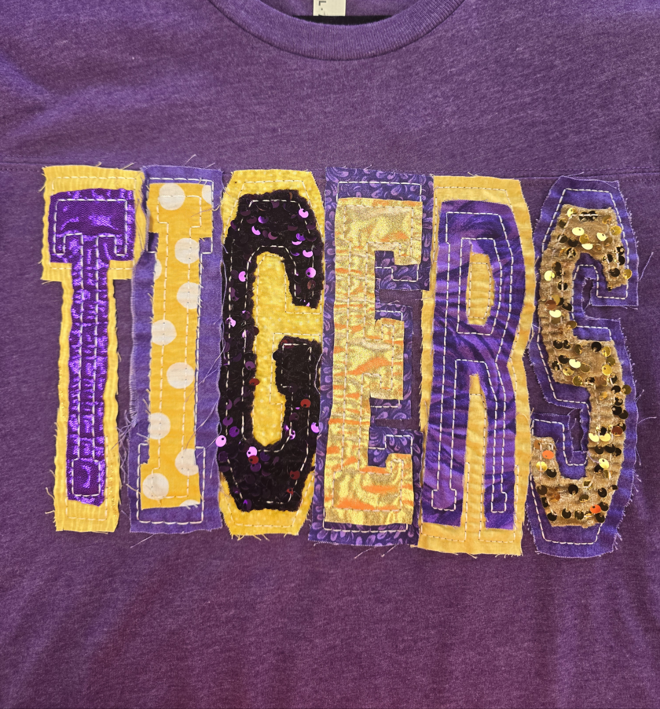 T-Shirts - "TIGERS" Unique Sequin Double Stacked Letters on Purple Heathered Football Styled T-Shirt - Small - 3X