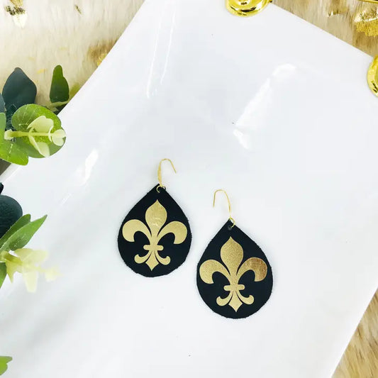 Earrings - Black and Gold Fleur De Lis Genuine Leather Earrings with Stainless Steel Wire