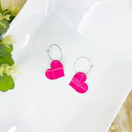 Earrings - Hot Pink Genuine Alligator Leather Hoop Heart Shaped Earrings On Stainless Steel Hoops