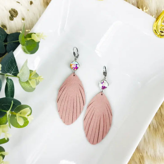 Earrings - AB Crystal With Mauve Pink Faux Suede Leather Earrings With Stainless Steel Lever Backs