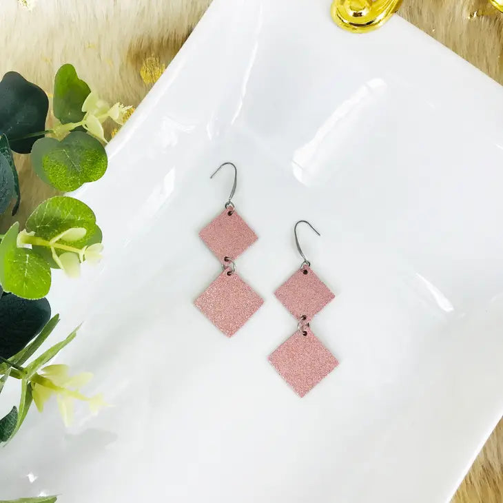 Earrings - Pink Sparkly Leather Dangle Earrings