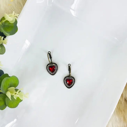 Earrings - Red Rhinestone Heart Shaped Crystal Trimmed In Austrian AB Rhinestones Antique Bronze Hoops