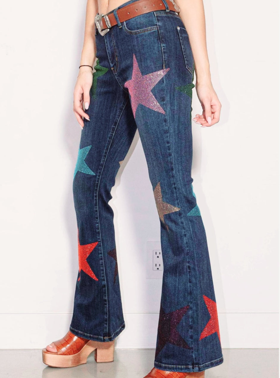 Jeans - Super Sparkly Multi Color Rhinestone Stars on Super Stretchy Bootcut Jeans - Sizes 1-15