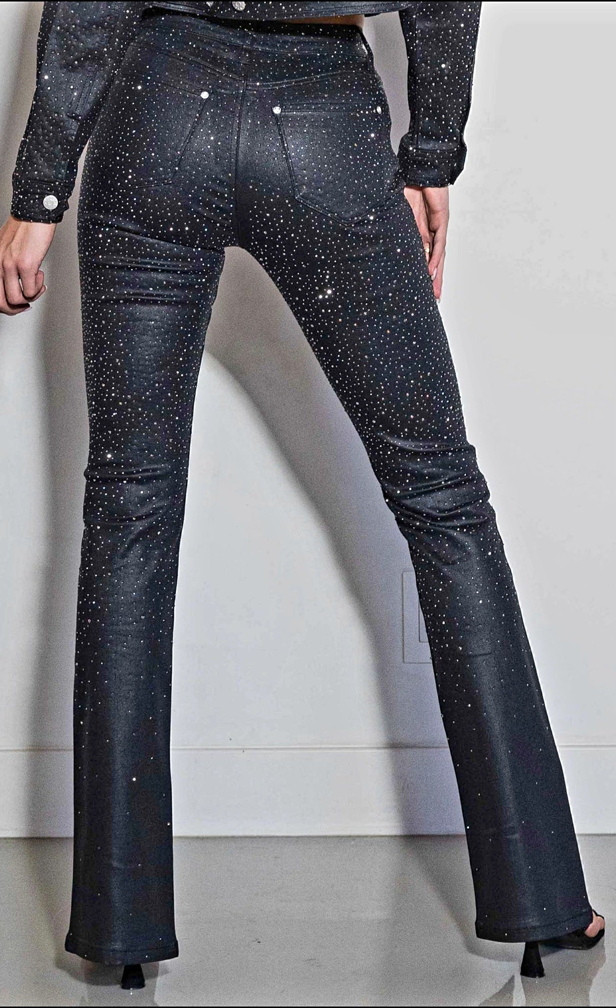 Jeans - Beautiful Coated Bootcut Black Pants Covered in Rhinestones with a Front Slit-  Size 3-15