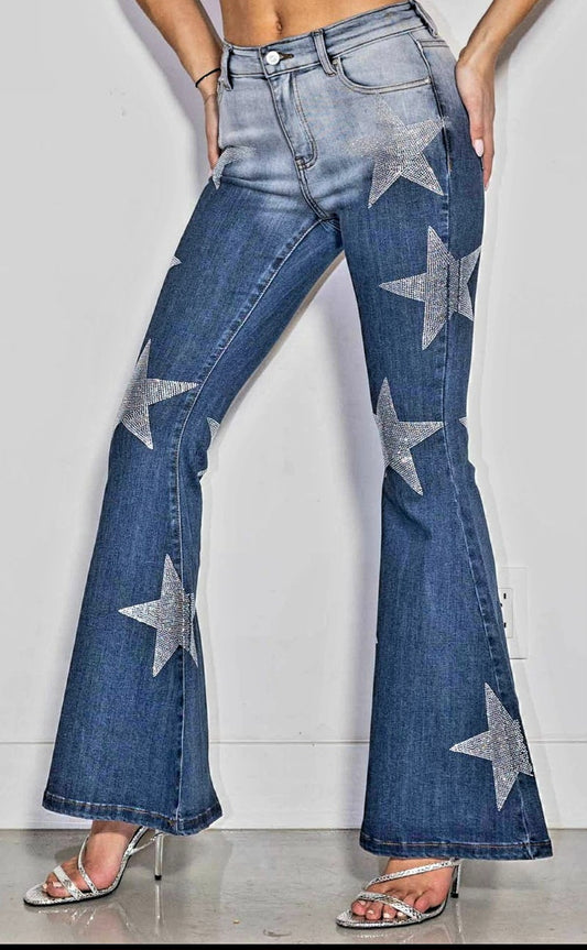 Jeans - Super Sparkly Rhinestone Stars on Super Stretchy Flare Jeans - Sizes 3-15