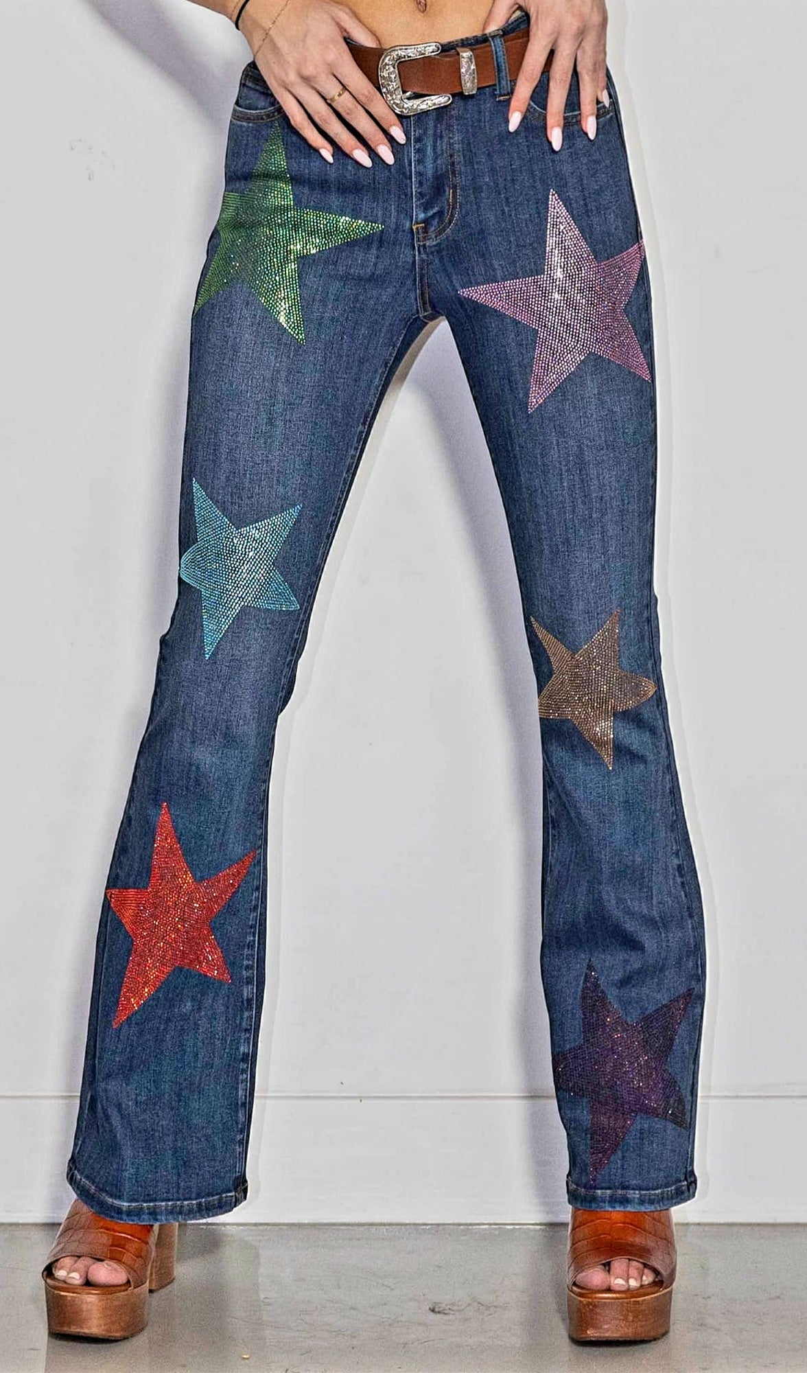 Jeans - Super Sparkly Multi Color Rhinestone Stars on Super Stretchy Bootcut Jeans - Sizes 1-15