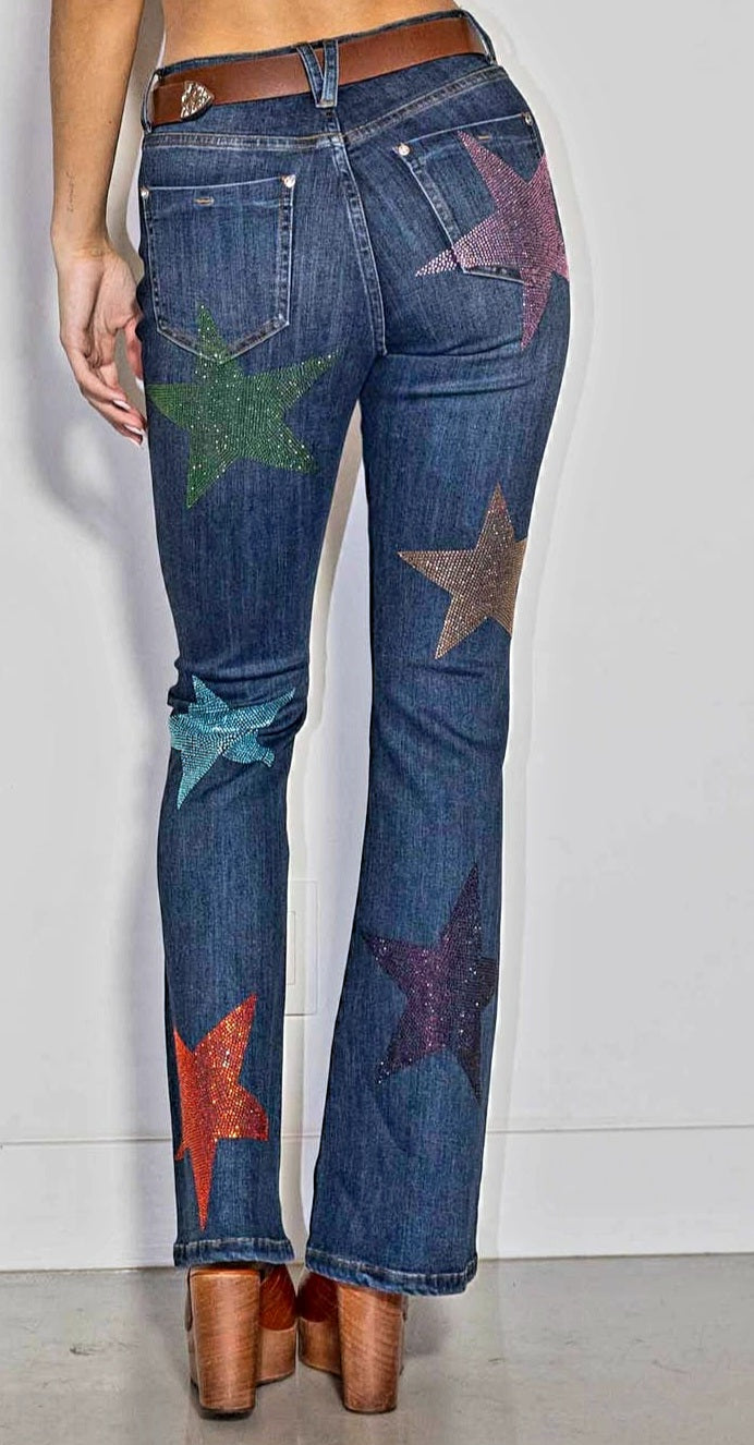 Jeans - Super Sparkly Multi Color Rhinestone Stars on Super Stretchy Bootcut Jeans - Sizes 1-15