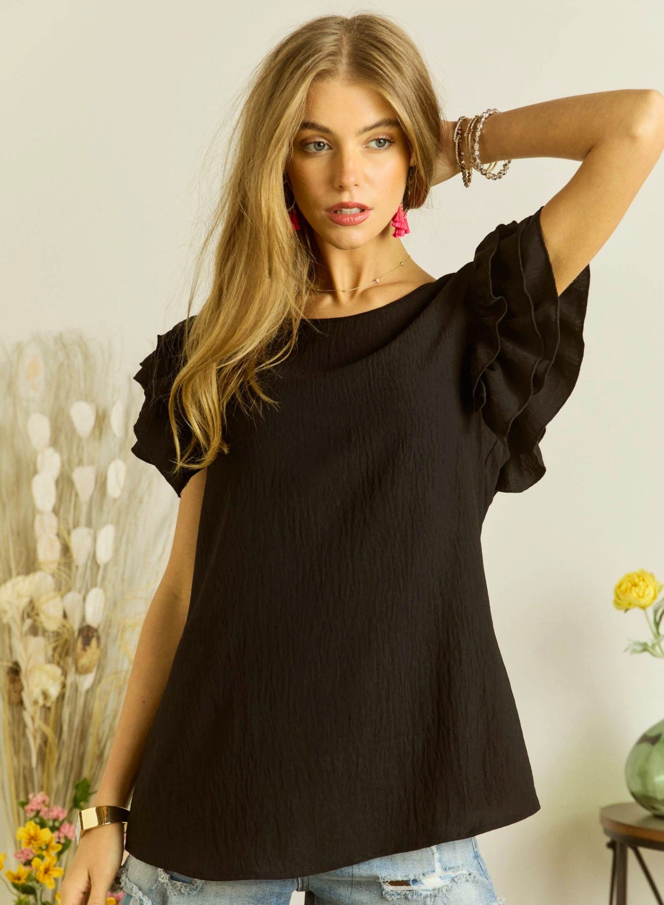 Top - Adora Black Short Sleeve Layered Ruffle Sleeve Blouse - Sizes Small to Large