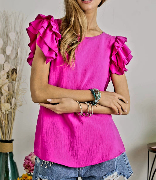 Top - Multi Tier Ruffle Short Sleeve Blouse in Hot Pink or Magenta - Sizes Small - Large