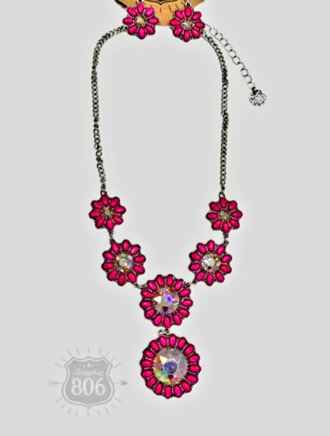 Necklace & Earring Set - Sparkly Fuchsia Flower with Austrian AB Crystal Concho