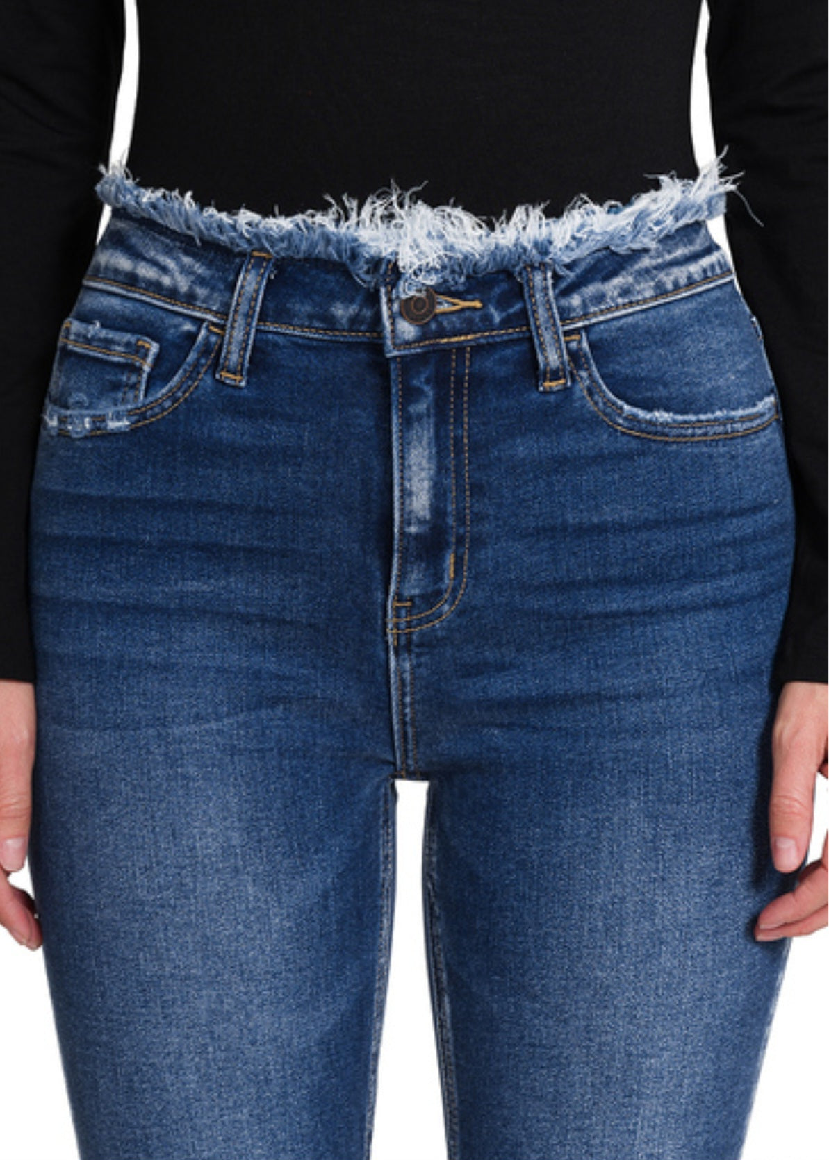 Jeans - Frayed Edged Waist Flare Stretchy Side Split Denim Jeans - Sizes 24-30