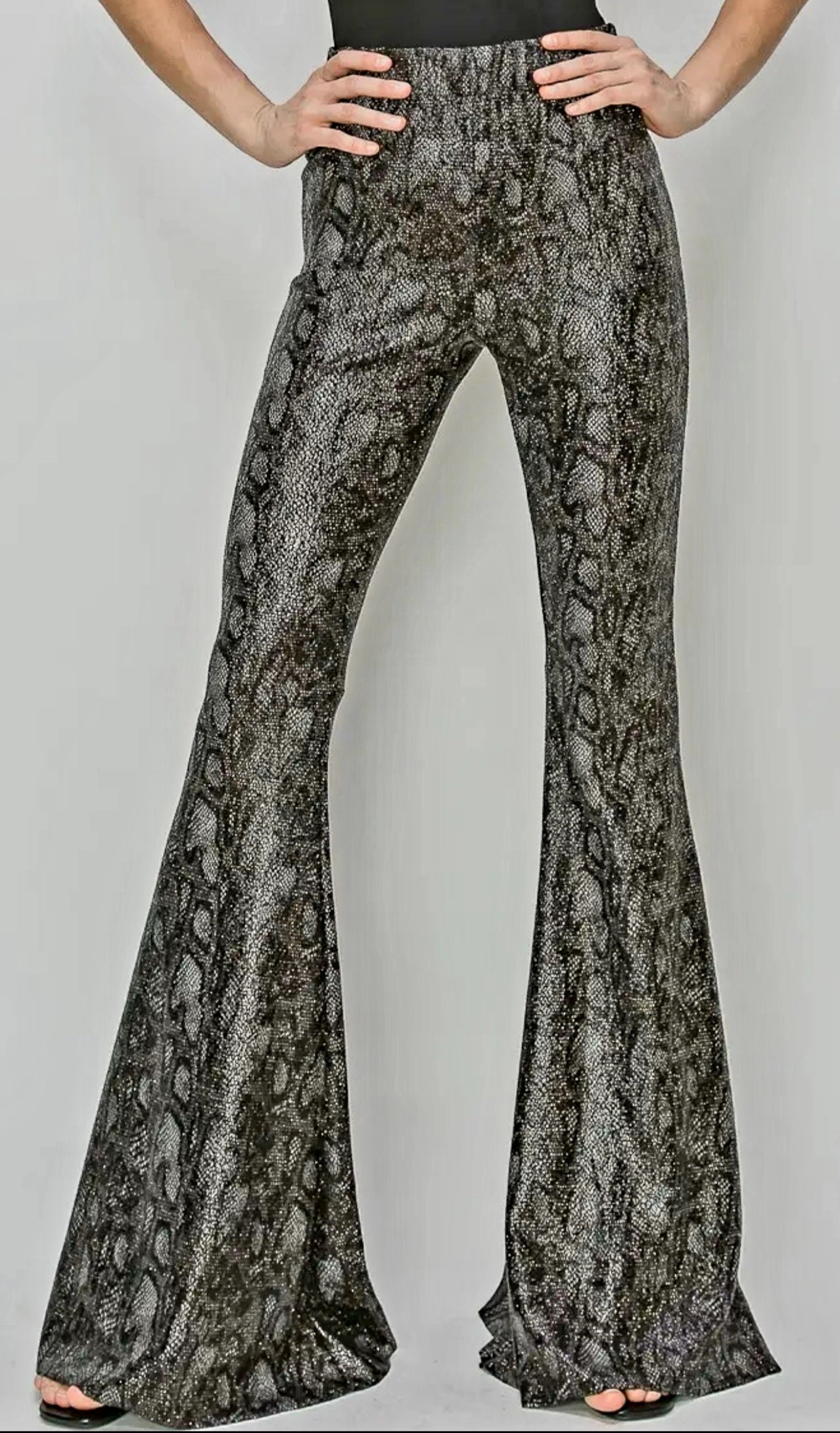 Pants Plus Size - Gorgeous Python Black & Gray Python Bell Bottom Knit Pants w/ Shiny Gold Metallic Flecks - Sizes 1X to 3X