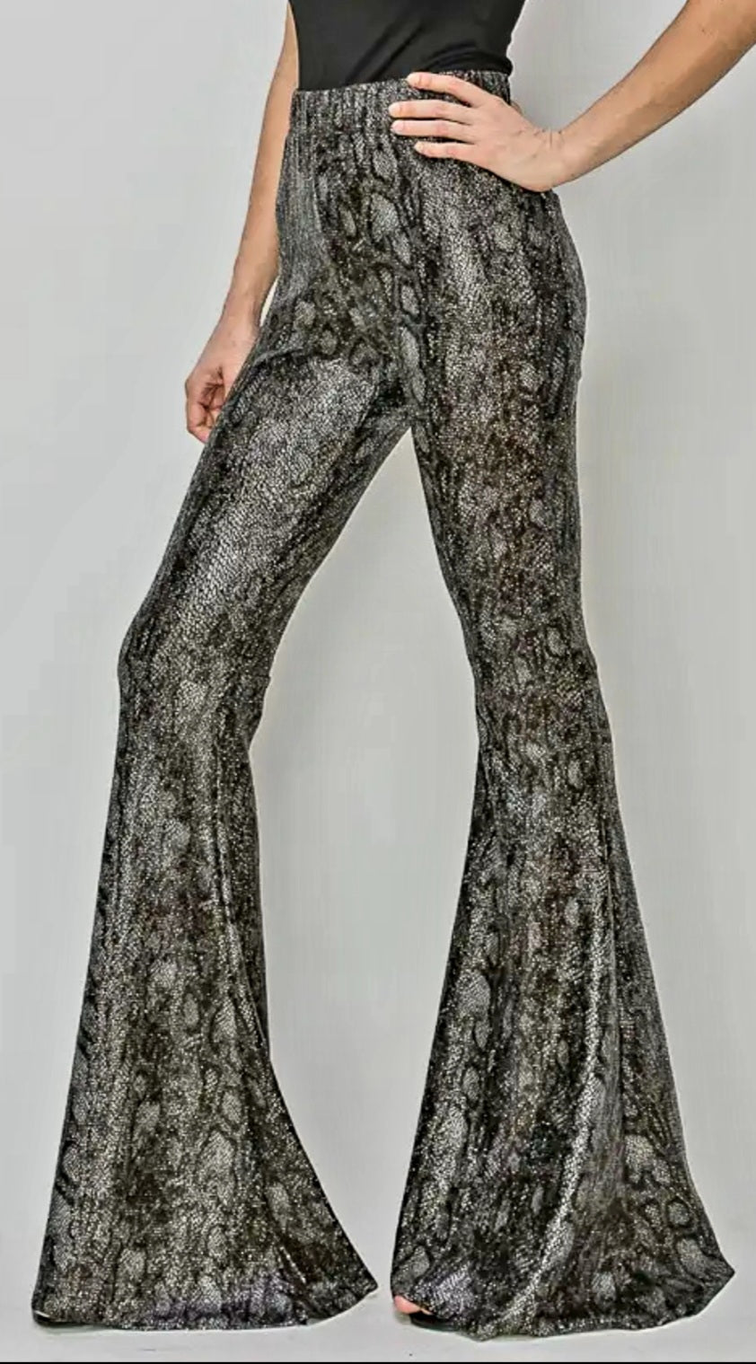 Pants Plus Size - Gorgeous Python Black & Gray Python Bell Bottom Knit Pants w/ Shiny Gold Metallic Flecks - Sizes 1X to 3X