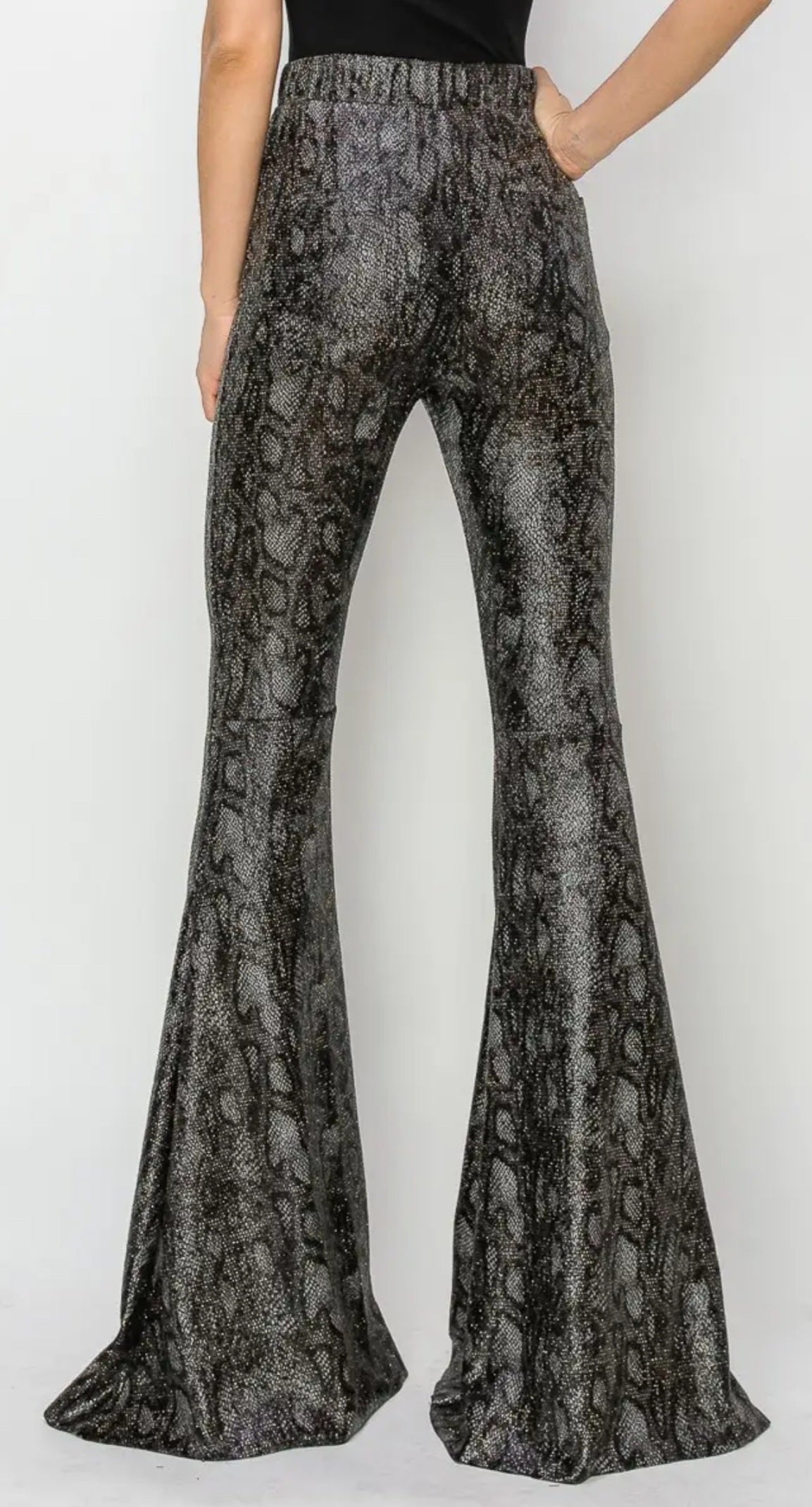 Pants Plus Size - Gorgeous Python Black & Gray Python Bell Bottom Knit Pants w/ Shiny Gold Metallic Flecks - Sizes 1X to 3X