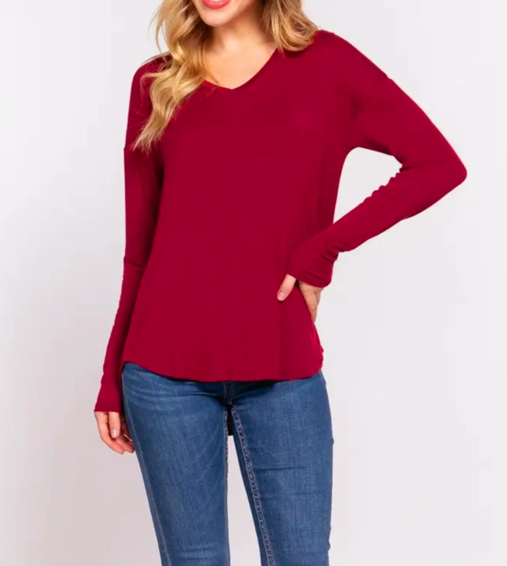 Top - Super Soft, Stretchy, And Lightweight V-Neck Long Sleeve Layering Top - Black, Burgundy, Ash Gray - Sizes Small to Large