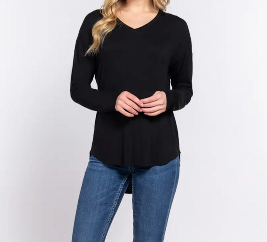 Top - Super Soft, Stretchy, And Lightweight V-Neck Long Sleeve Layering Top - Black, Burgundy, Ash Gray - Sizes Small to Large