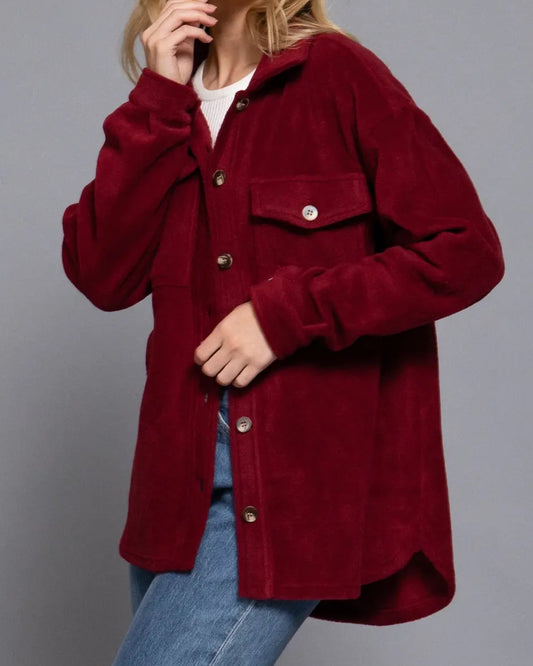 Jacket/Shacket NEW ARRIVAL - Long Sleeve Notched Collar Front Pocket Fleece Shacket - Burgundy & Black - Sizes Small to Large