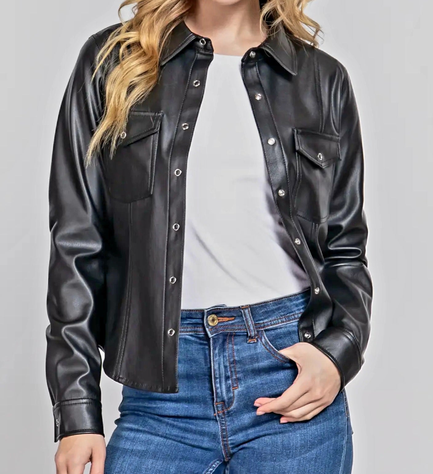 Jacket NEW ARRIVAL - Long Sleeve Snap Button Down Pu Faux Leather Shirt - Sizes Small to Large