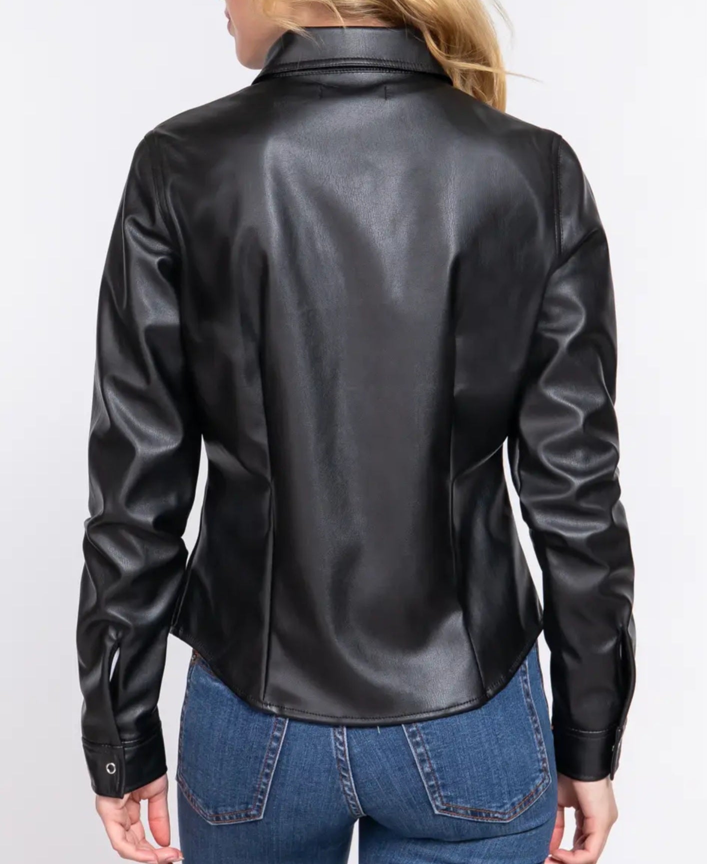 Jacket NEW ARRIVAL - Long Sleeve Snap Button Down Pu Faux Leather Shirt - Sizes Small to Large