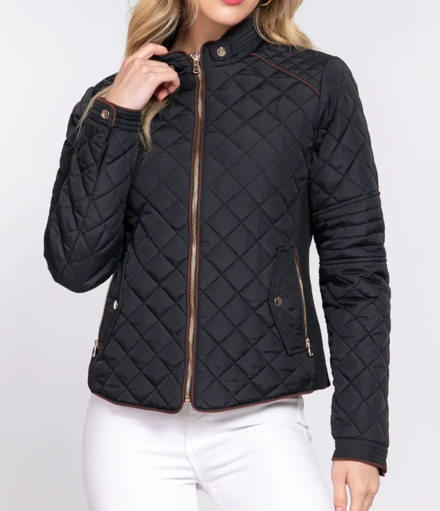 Jacket NEW ARRIVAL - Detail Rib Quilted Padding Jacket With Suede Piping Trim - Color Black - Sizes XL, 1X, 2X